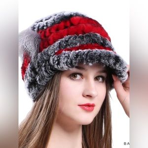 Women’s Knit Faux Fur Winter Warm Soft Plush Fashion Hat Red Gray With Brim Bib